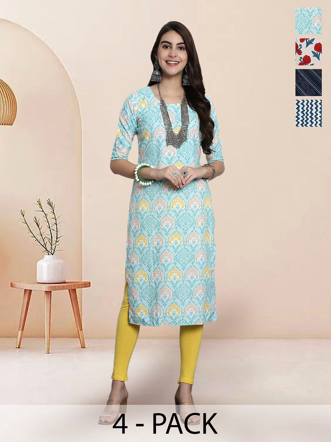 

7Threads Selection Of 4 Floral Printed Round Neck Straight Kurtas, Blue