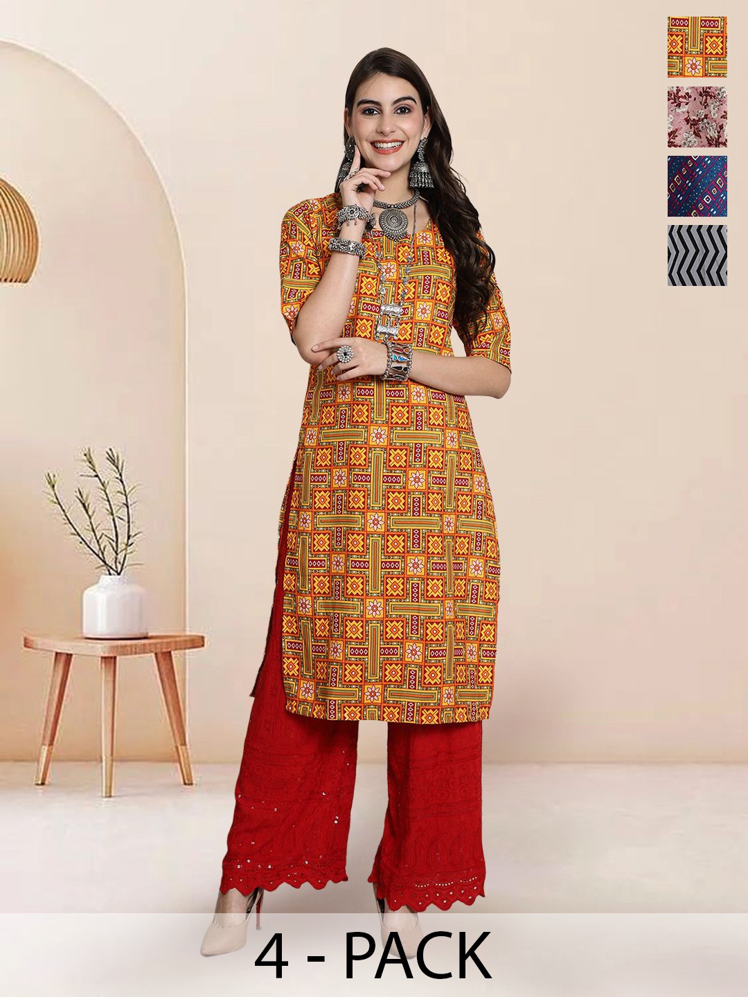 

7Threads Selection Of 4 Geometric Printed Round Neck Straight Kurtas, Yellow