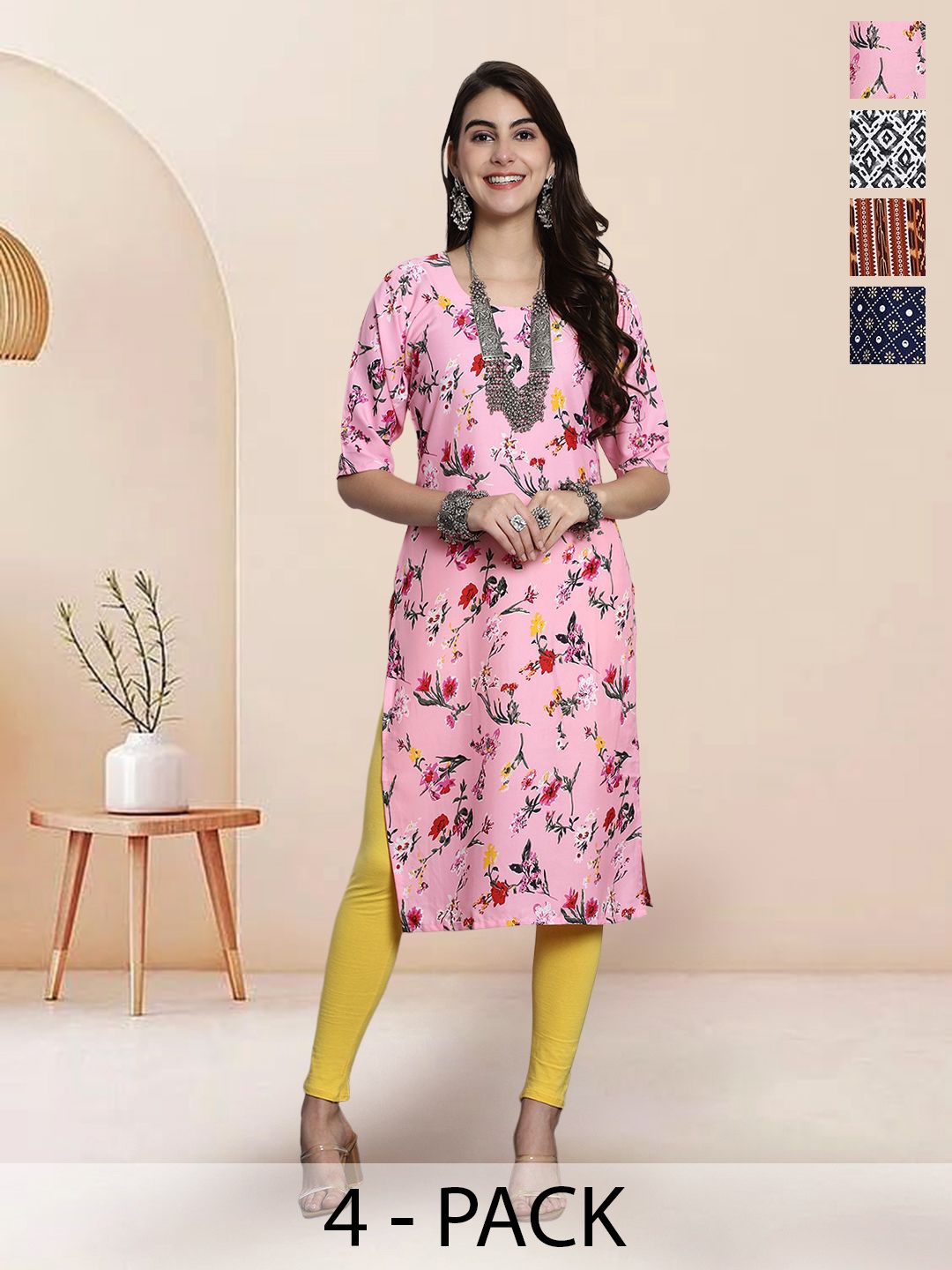 

7Threads Selection of 4 Floral Printed Round Neck Straight Kurtas, Pink