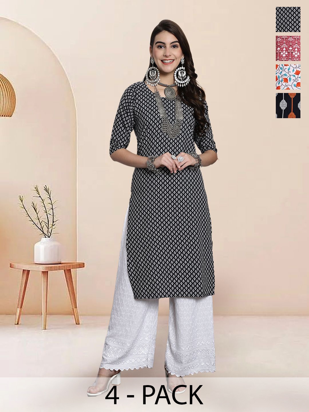 

7Threads Selection Of 4 floral Printed Round Neck Kurtas, Black