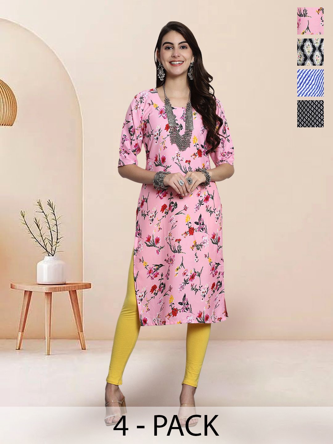 

7Threads Selection Of 4 Floral Printed Round Neck Straight Kurtas, Pink