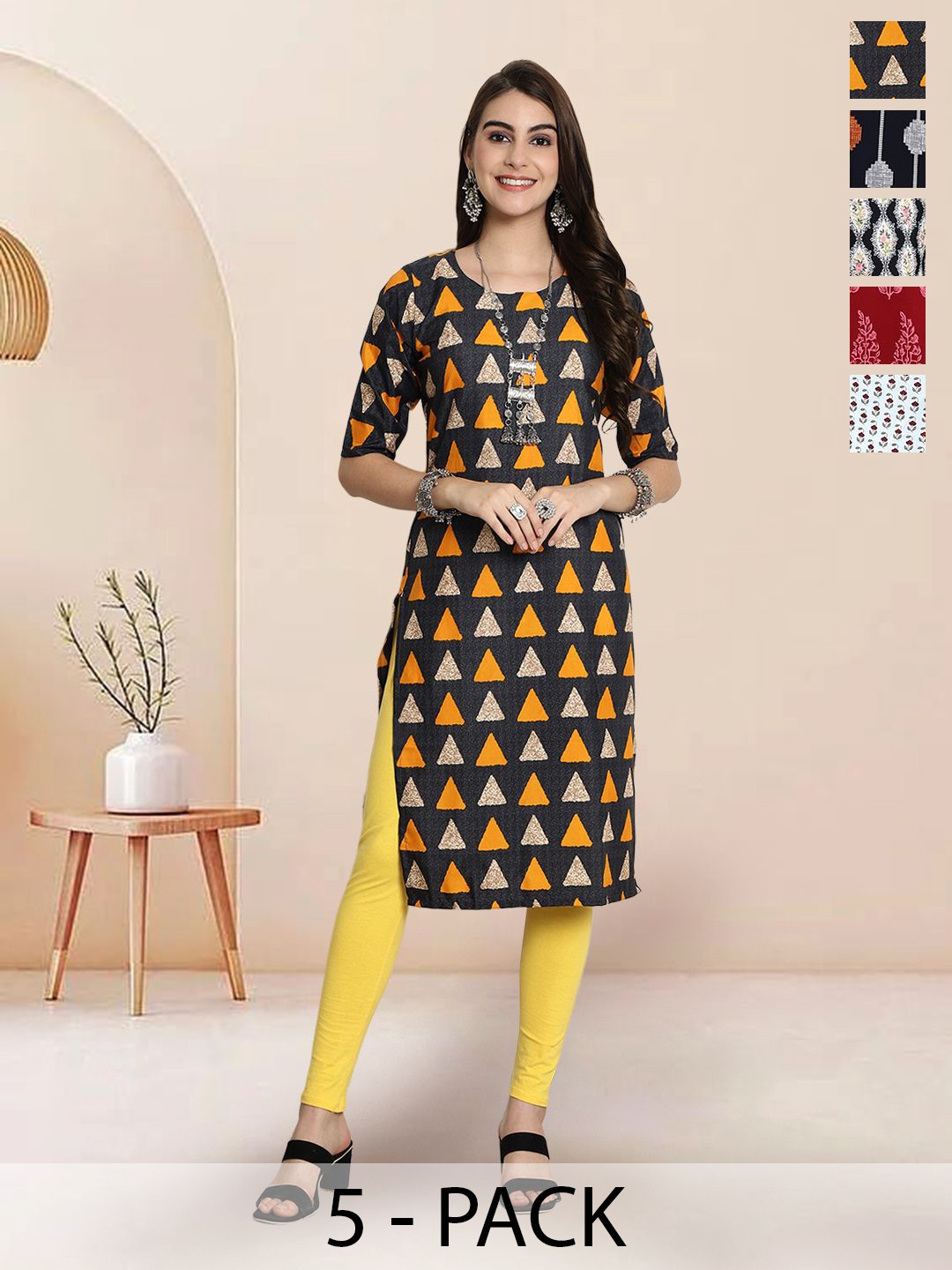 

7Threads Selection Of 5 Geometric Printed Round Neck Straight Kurtas, Black