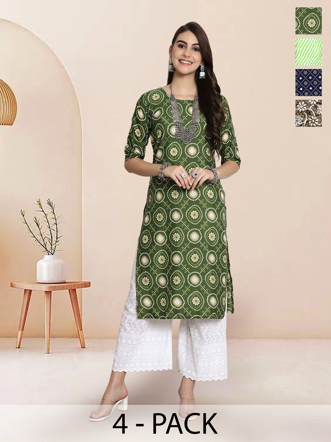 

7Threads Selection Of 4 Geometric Printed Round Neck Straight Kurtas, Green