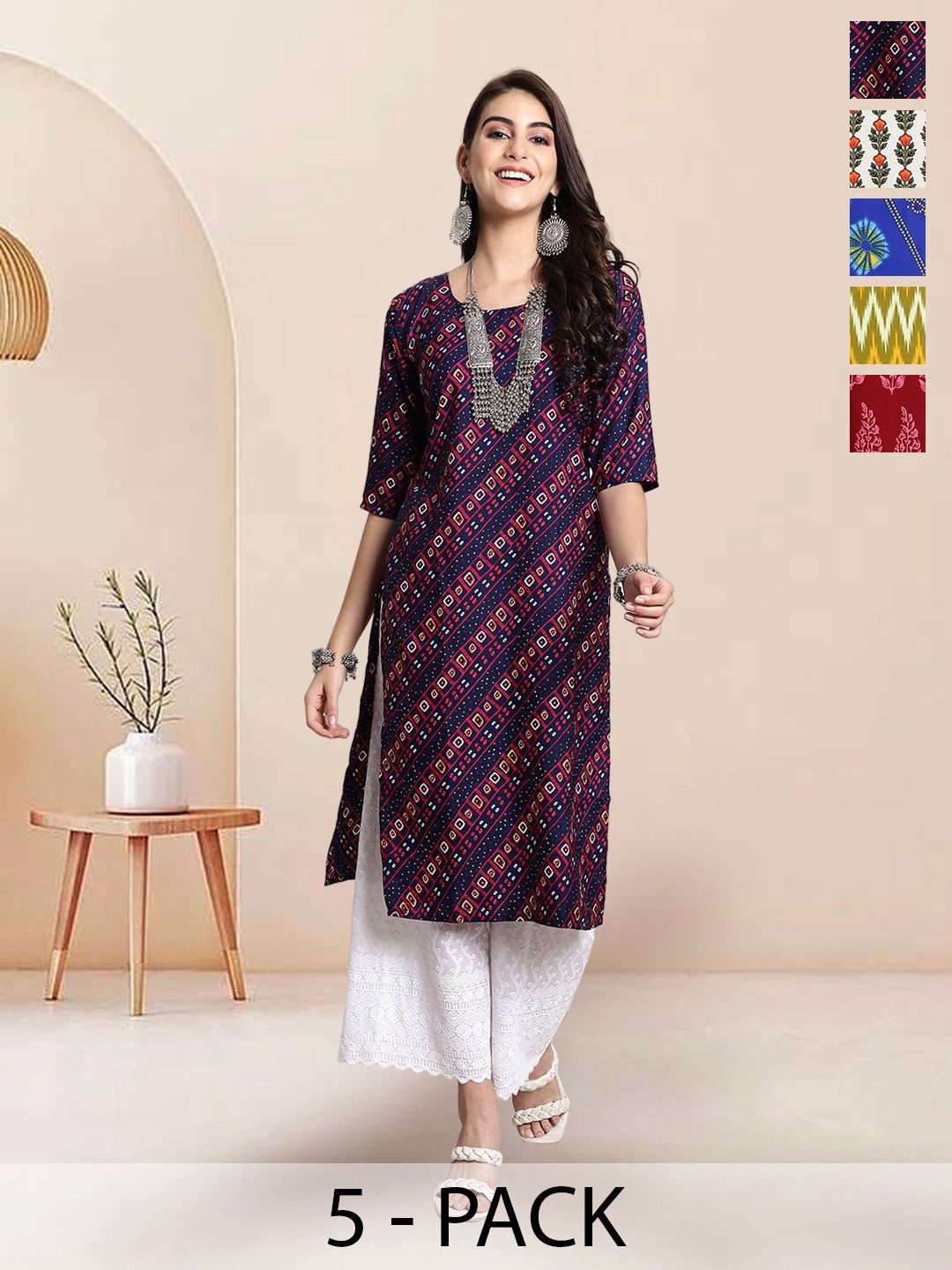 

7Threads Selection Of 5 Geometric Printed Round Neck Straight Kurtas, Navy blue