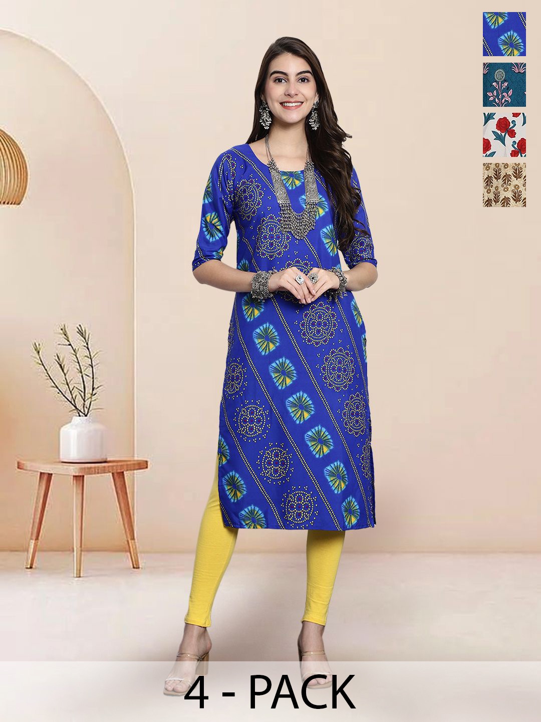 

7Threads Selection Of 4 Ethnic Motifs Printed Round Neck Straight Kurtas, Blue