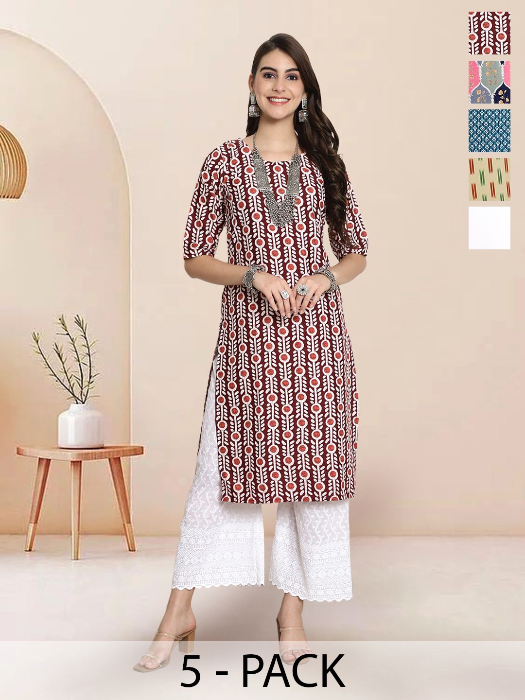 

7Threads Selection Of 5 Geometric Printed Round Neck Straight Kurtas, Multi