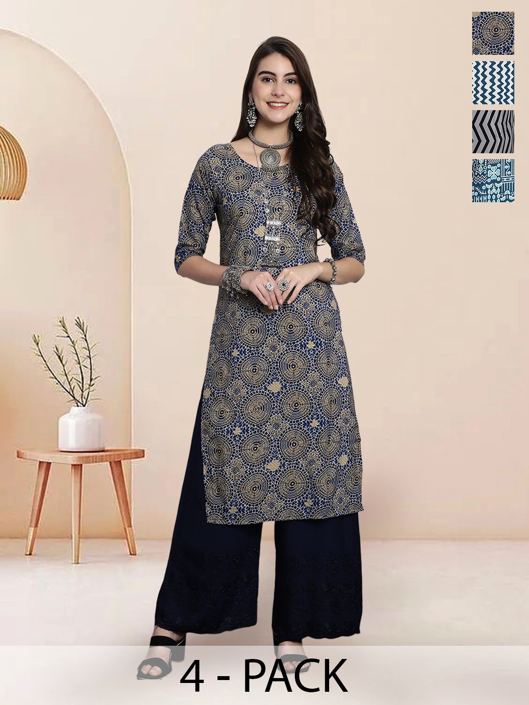 

7Threads Selection of 4 Geometric Printed Crepe Stright Kurta, Navy blue
