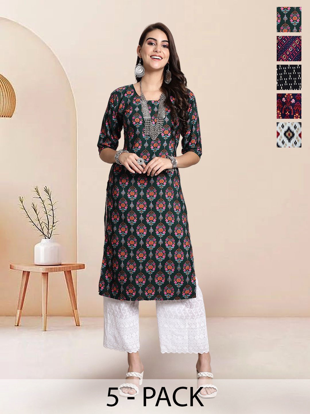 

7Threads Selection Of 5 Floral Printed Round Neck Straight Kurtas, Green