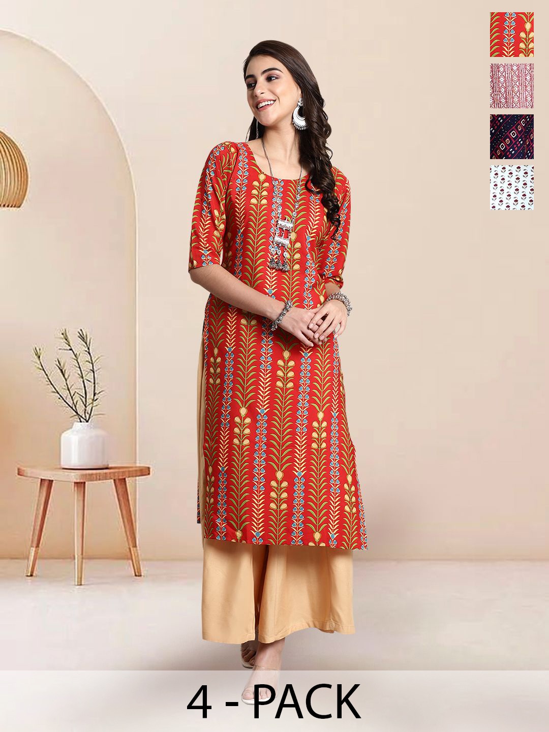 

7Threads Selection Of 4 Floral Round Neck Straight Kurtas, Red