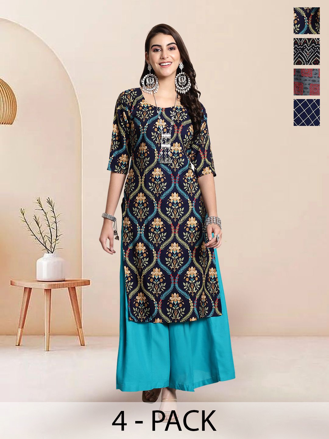 

7Threads Selection of 4 Floral Printed Round Neck Straight Kurtas, Navy blue
