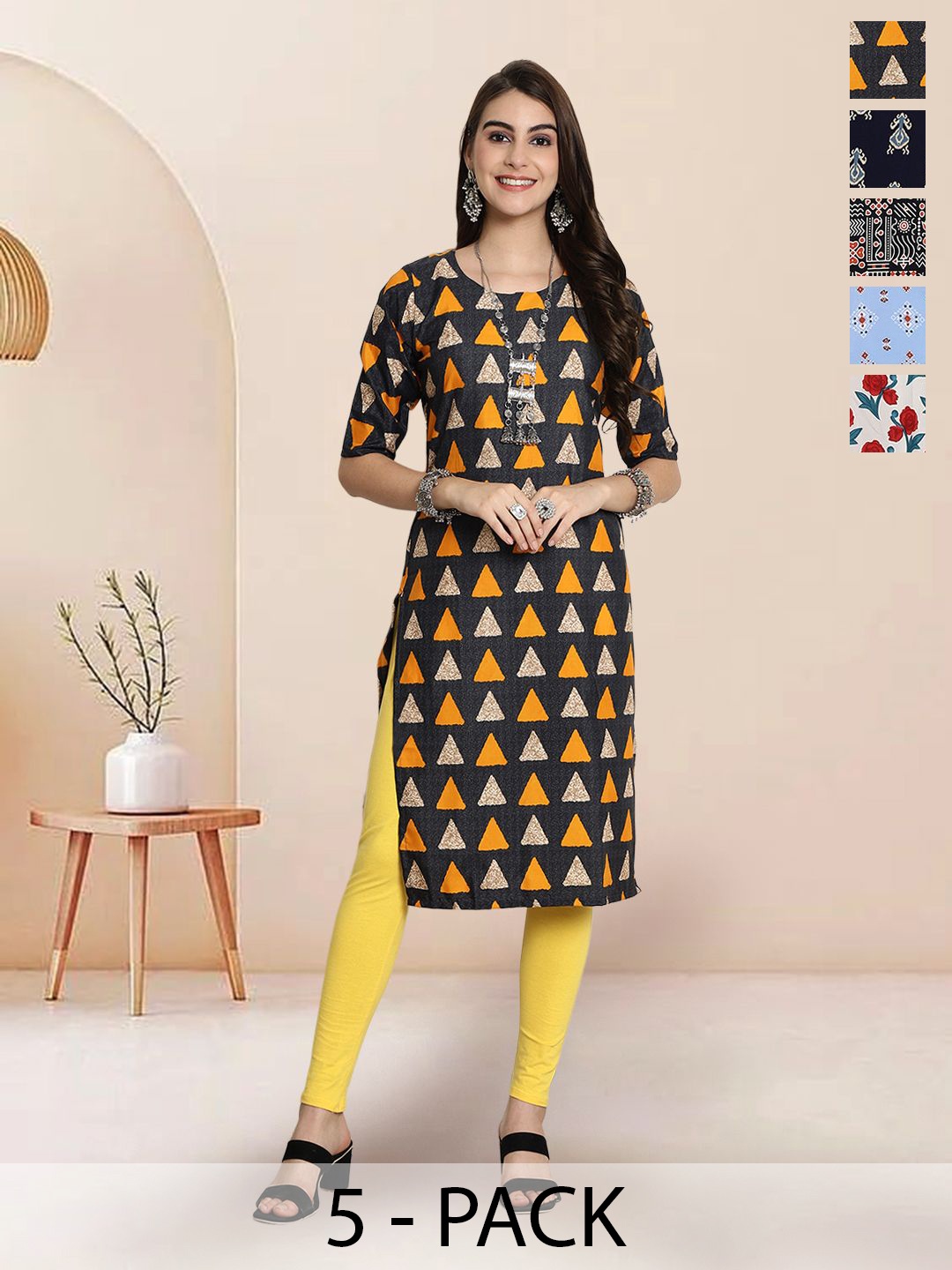 

7Threads Selection Of 5 Geometric Printed Round Neck Straight Kurtas, Black