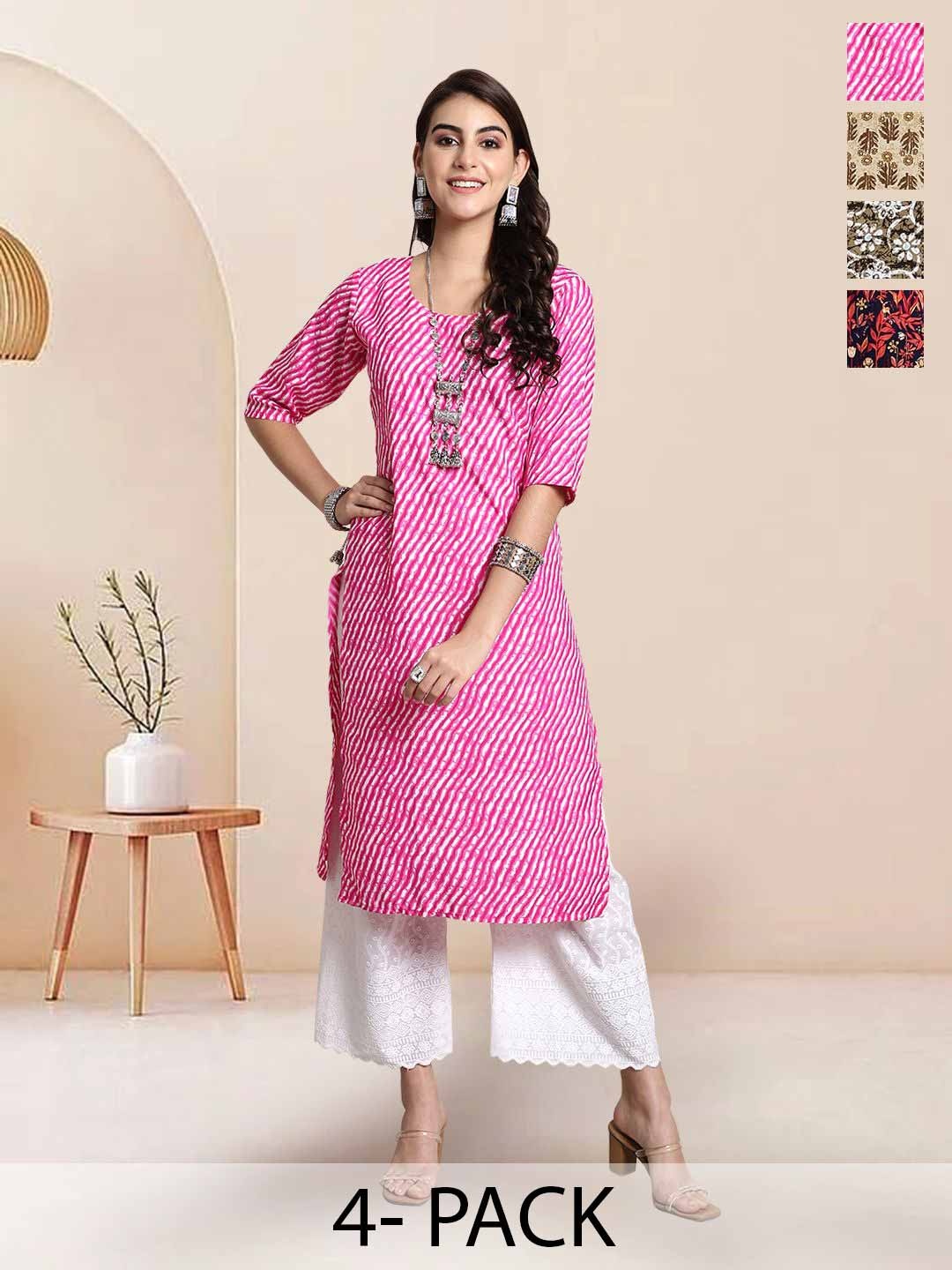 

7Threads Selection Of 4 Leheriya Printed Round Neck Straight Kurtas, Pink