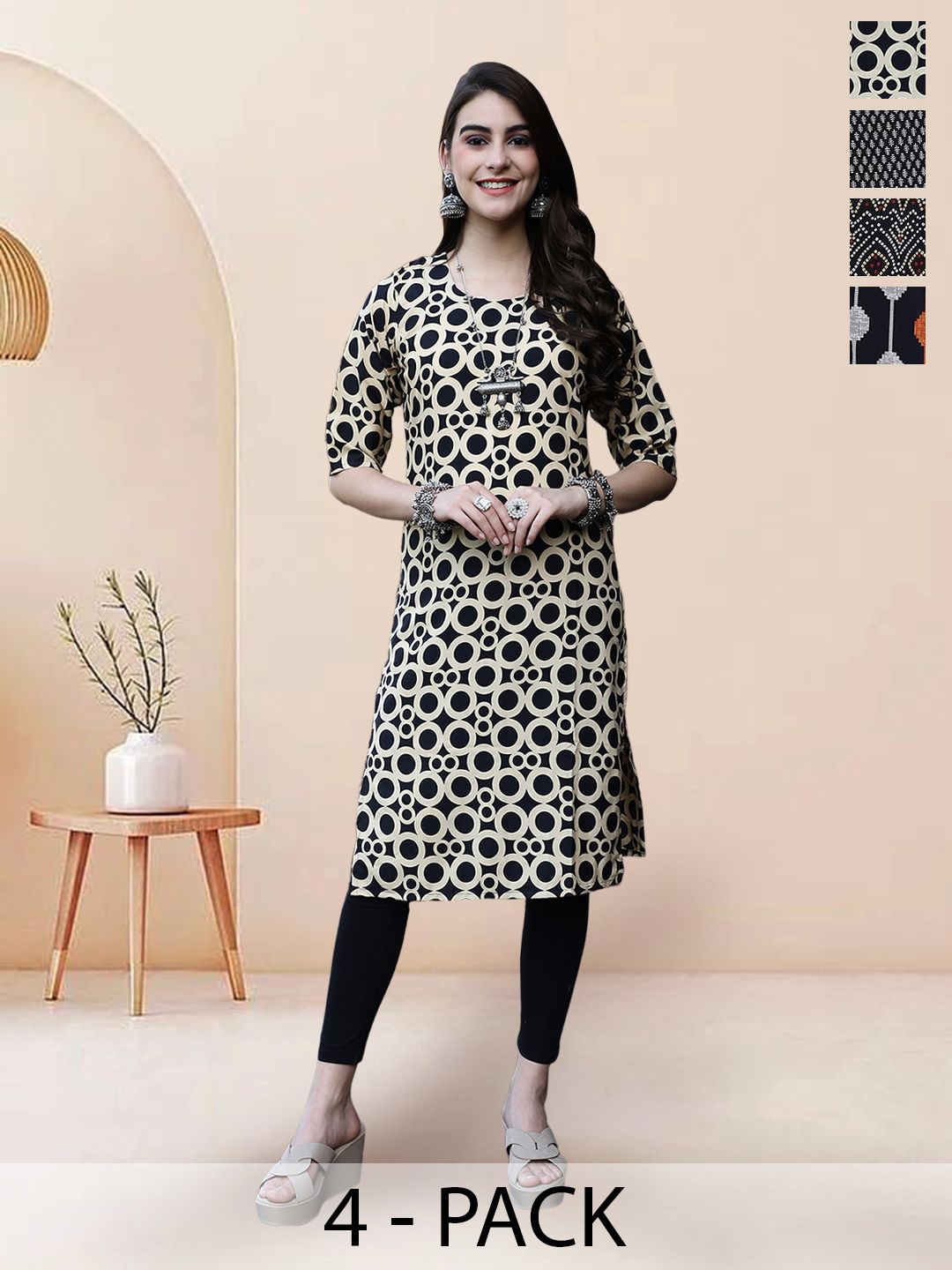

7Threads Selection of 4 Geometric Printed Round Neck Straight Kurtas, Black