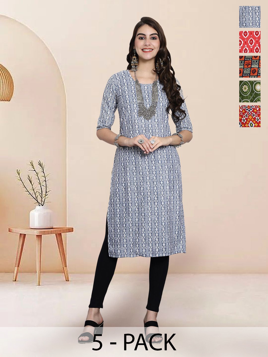 

7Threads Selection Of 5 Geometric Printed Round Neck Kurtas, Blue