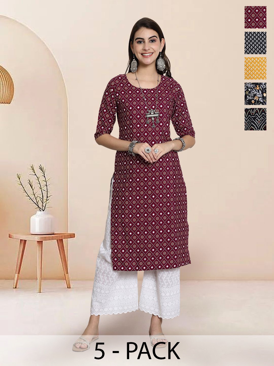 

7Threads Selection Of 5 Floral Printed Round Neck Straight Kurtas, Maroon