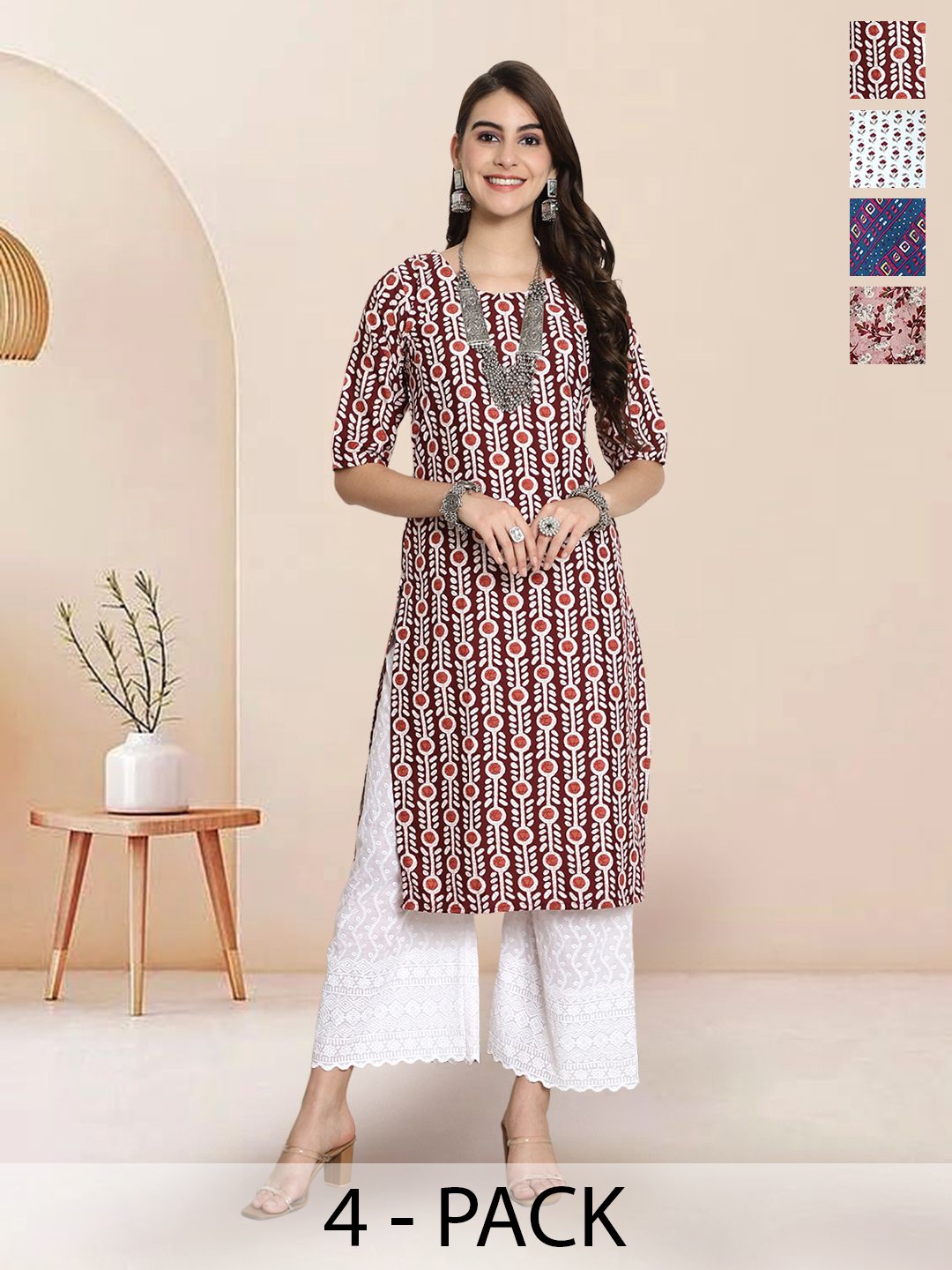 

7Threads Selection Of 4 Ethnic Motifs Printed Straight Kurtas, White