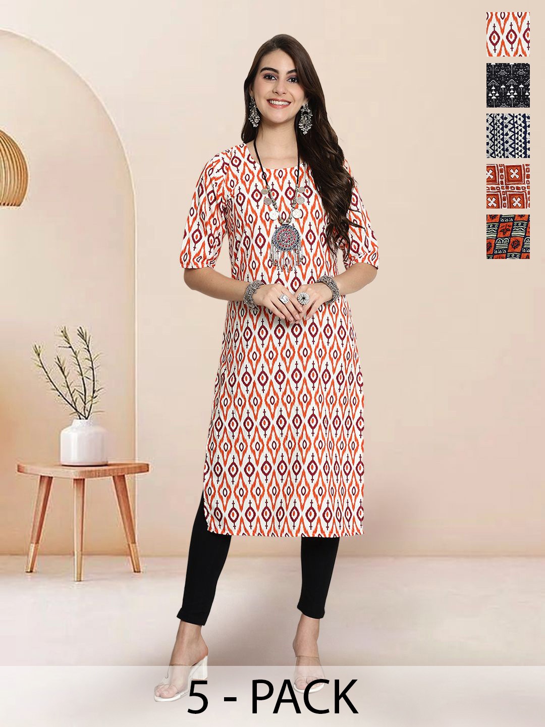 

7Threads Selection of 5 Ethnic Motifs Printed Round Neck Straight Kurtas, Beige