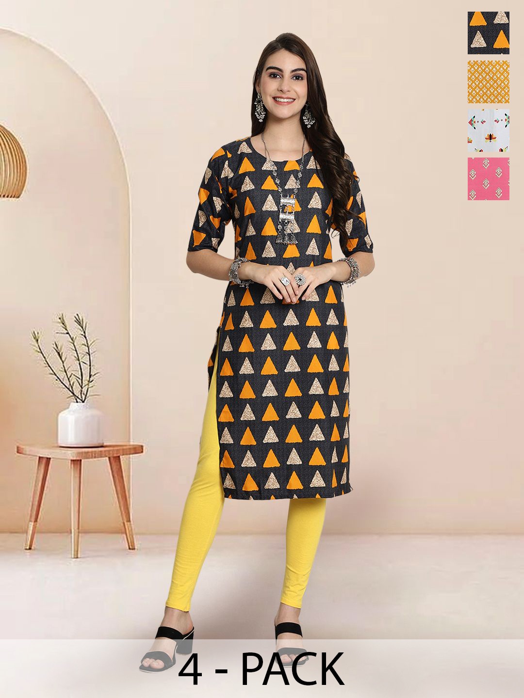 

7Threads Selection Of 4 Geometric Printed Round Neck Kurtas, Black