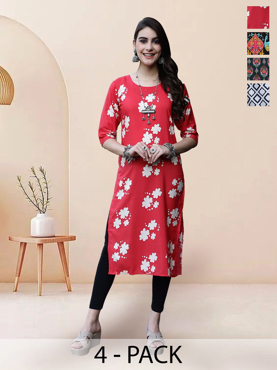 

7Threads Selection Of 4 Floral Printed Round Neck Straight Kurtas, Red