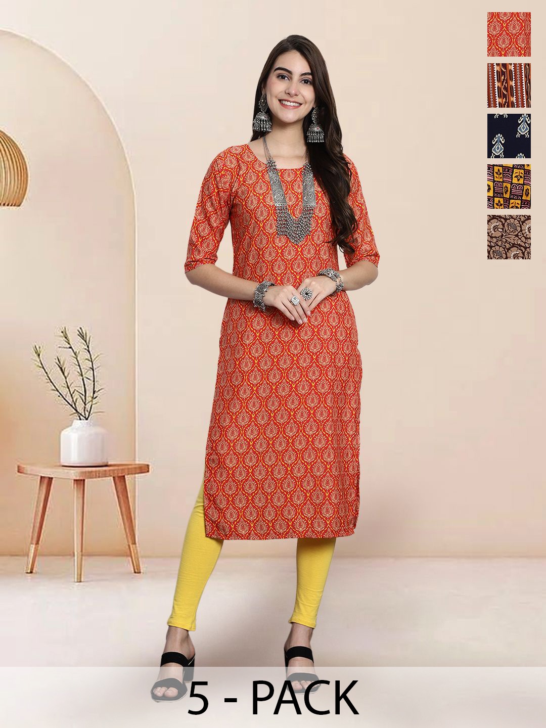 

7Threads Selection Of 5 Ethnic Motifs Printed Round Neck Straight Kurtas, Orange