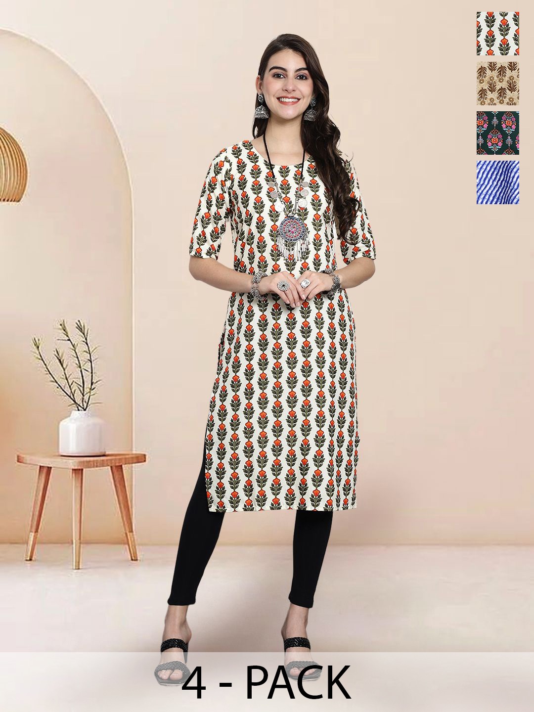 

7Threads Selection Of 4 Floral Printed Round Neck Straight Kurtas, Cream
