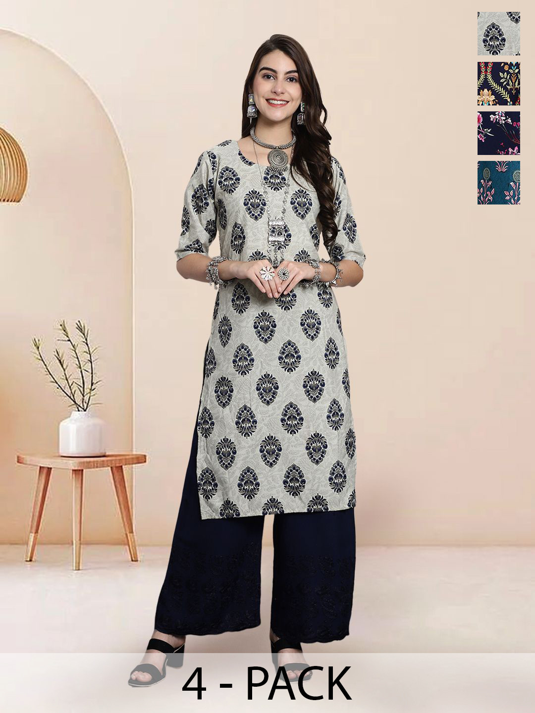 

7Threads Selection Of 4 Ethnic Motifs Printed Round Neck Straight Kurtas, Grey