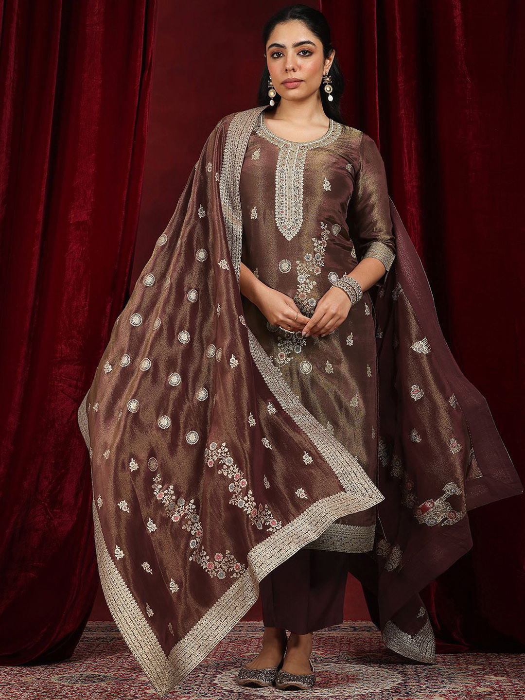 

Libas Art Floral Embroidered Beads and Stones Round Neck Kurta With Trousers & Dupatta, Rust