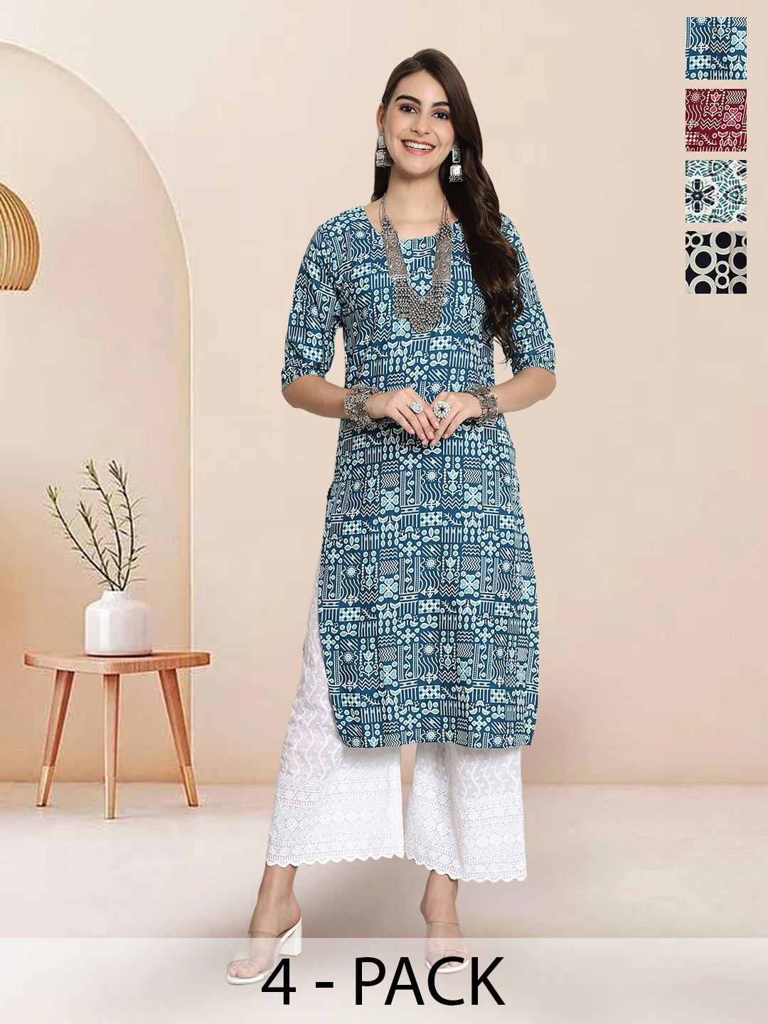 

7Threads Selection Of 4 Ethnic Motifs Printed Round Neck Straight Kurtas, Blue