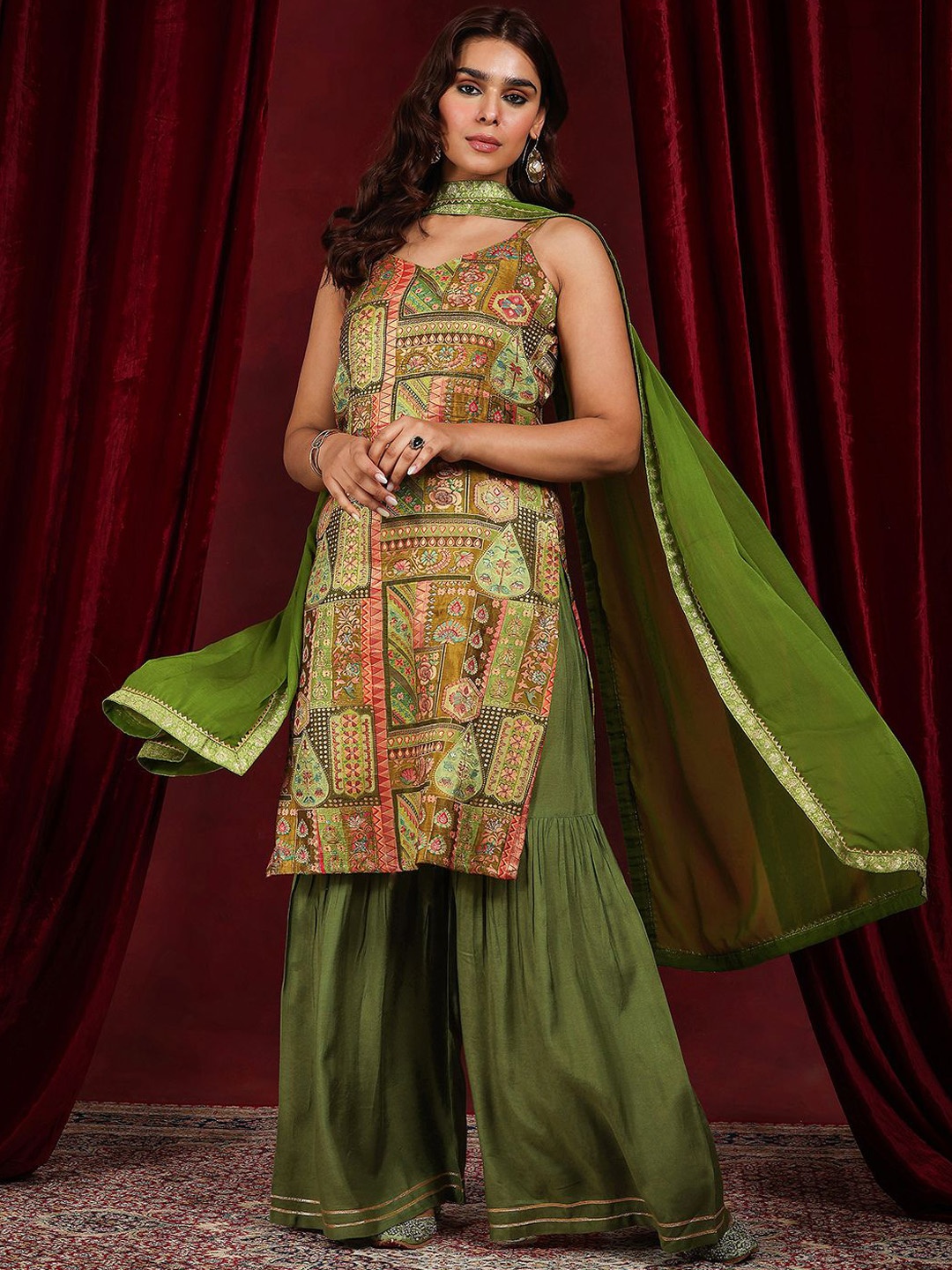 

Libas Art Floral Printed V Neck Thread Work Straight Kurta With Sharara & Dupatta, Green