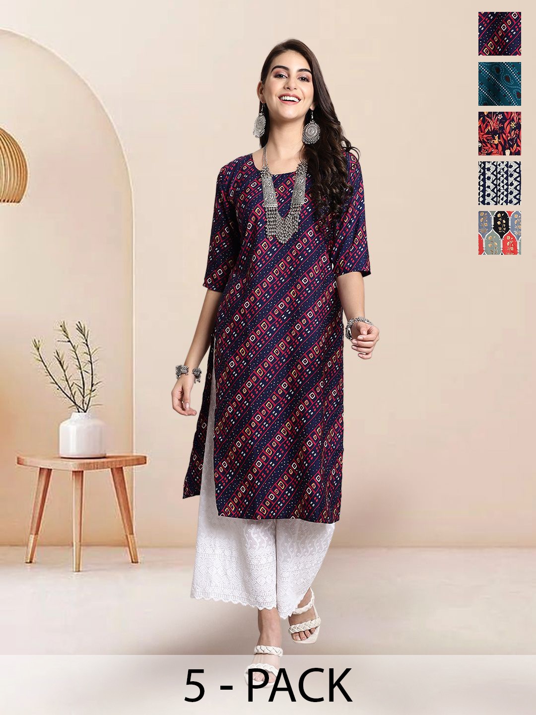 

7Threads Selection Of 5 Geometric Printed Round Neck Kurtas, Blue