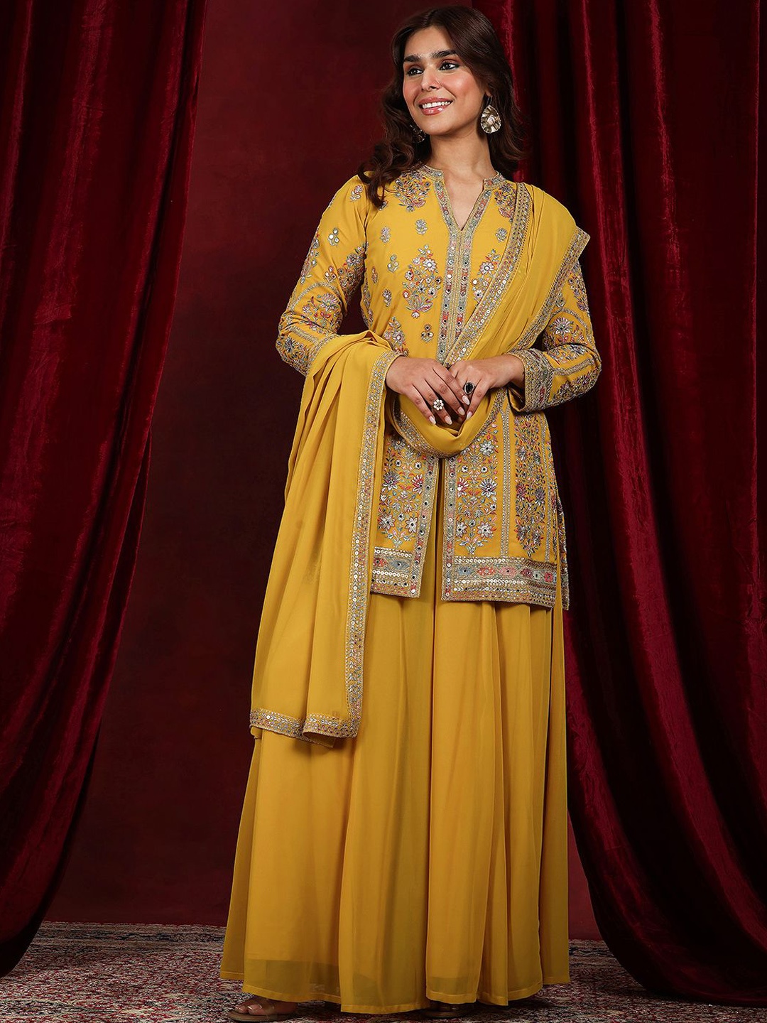 

Libas Art Floral Embroidered Mirror Work Georgette Straight Kurti with Palazzos & Dupatta, Mustard