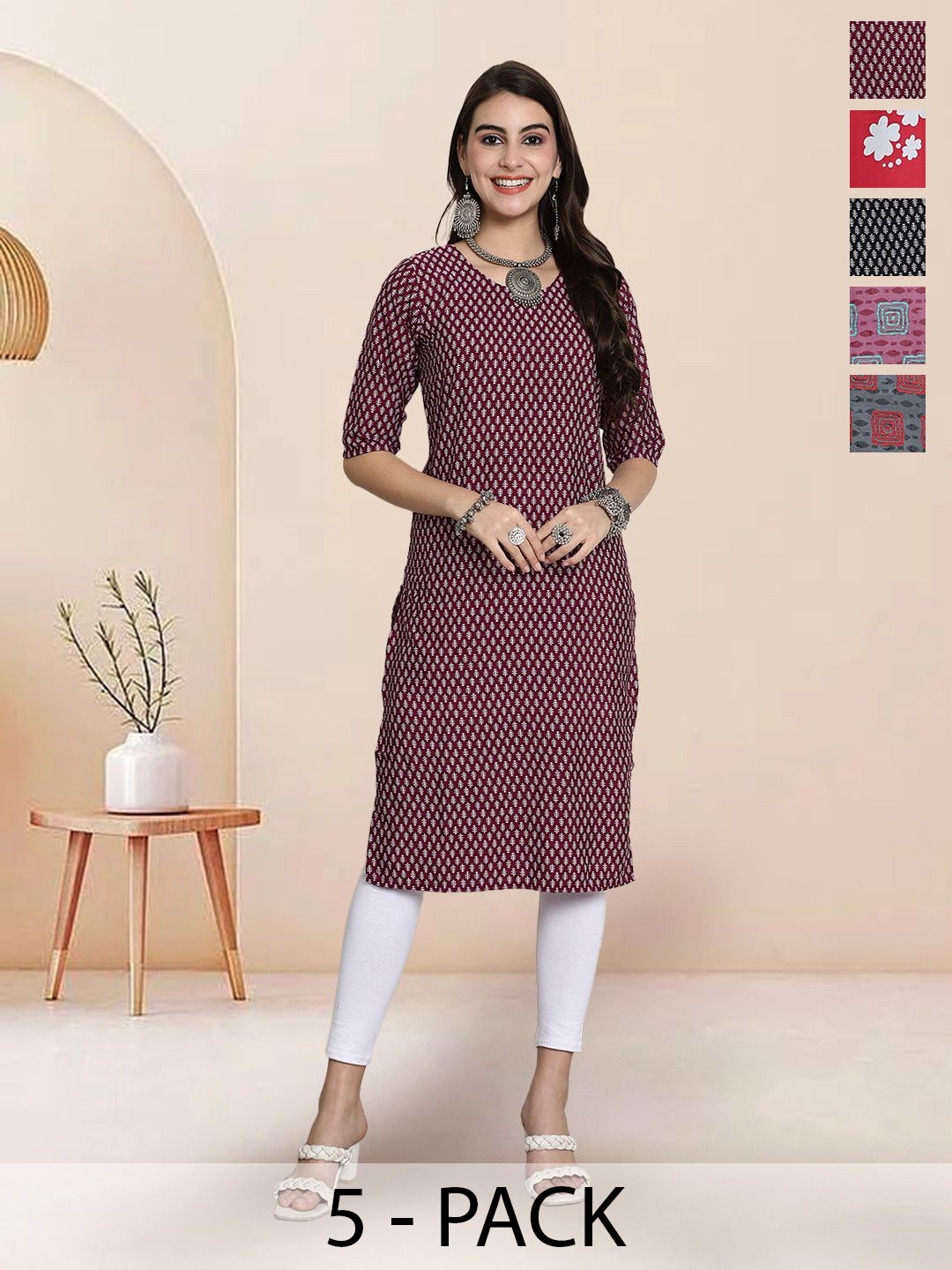 

7Threads Selection Of 5 Ethnic Motifs Printed Round Neck Kurtas, Maroon