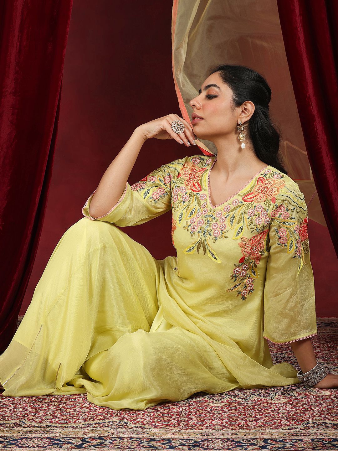 

Libas Art Floral Embroidered V-Neck A-Line Kurta With Palazzos & Dupatta, Yellow