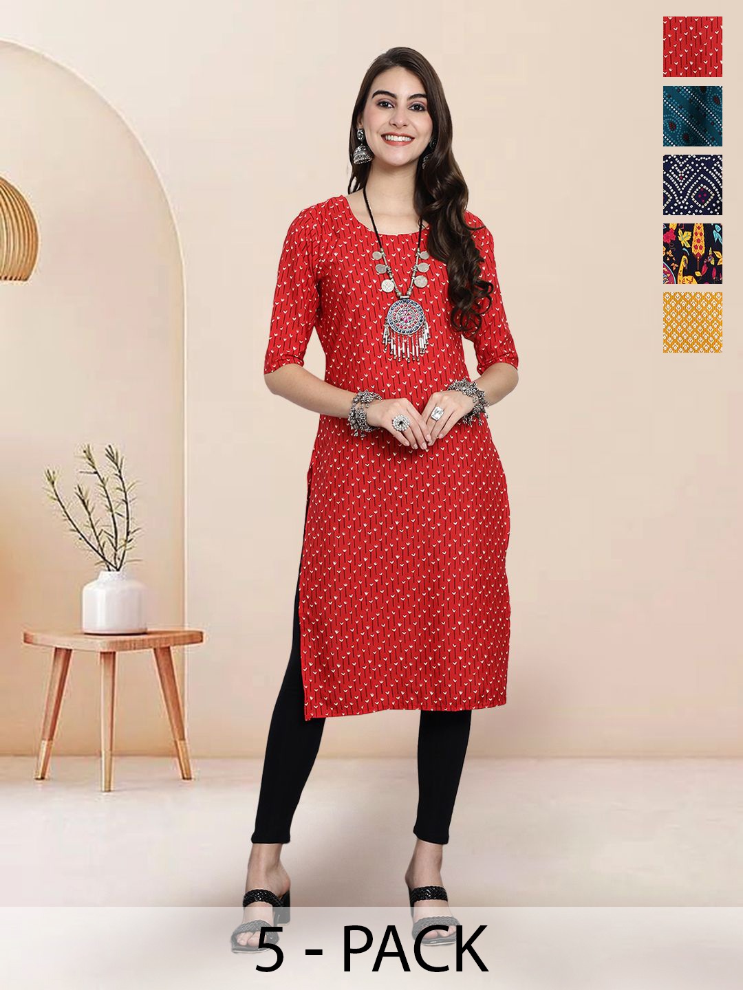 

7Threads Selection Of 5 Floral Printed Round Neck Kurtas, Red