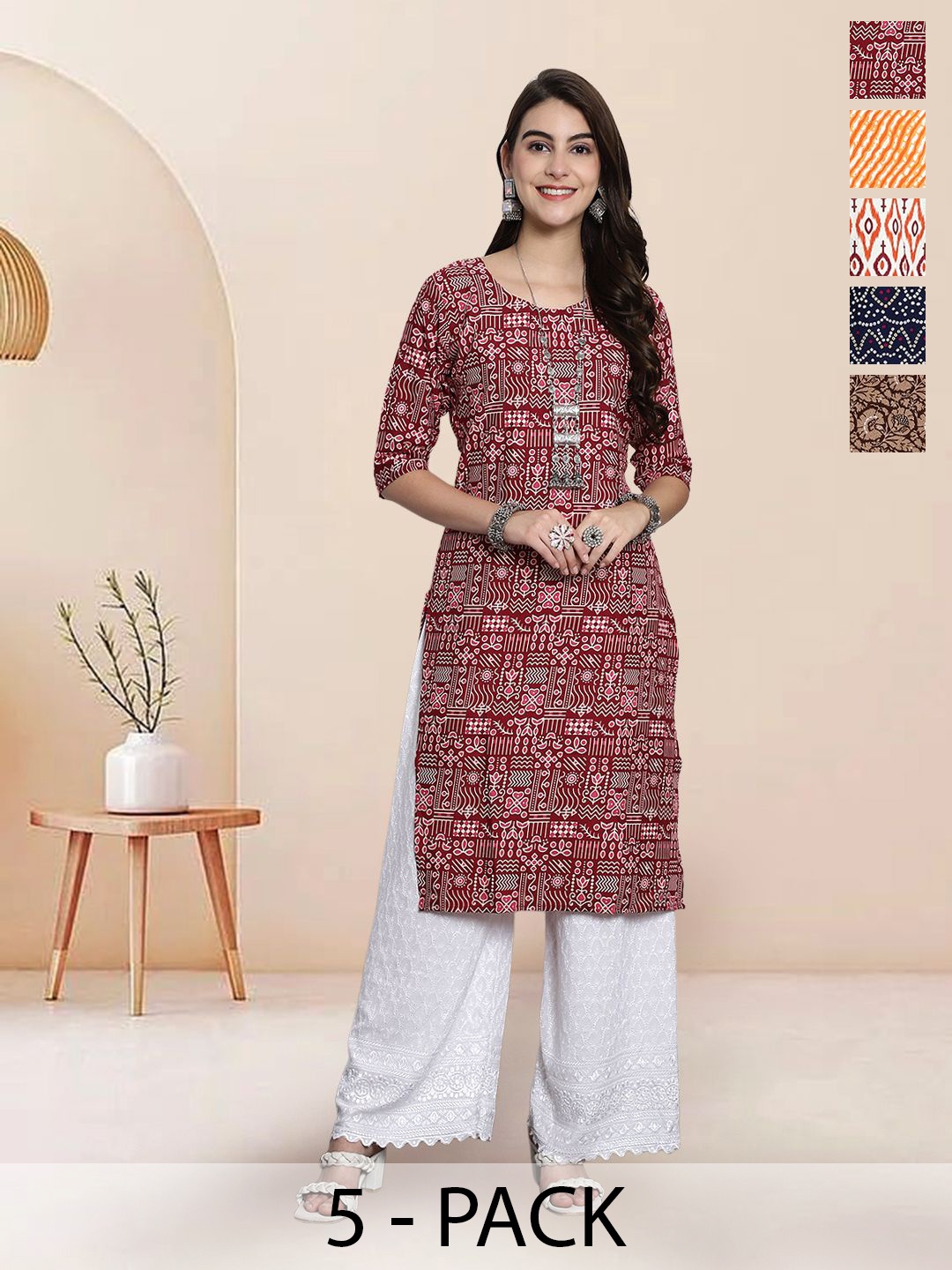 

7Threads Selection Of 5 Ethnic Motifs Printed Round Neck Straight Kurtas, Maroon
