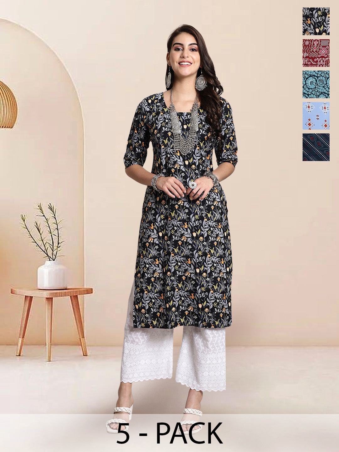 

7Threads Selection Of 5 Floral Printed Straight Kurtas, Black