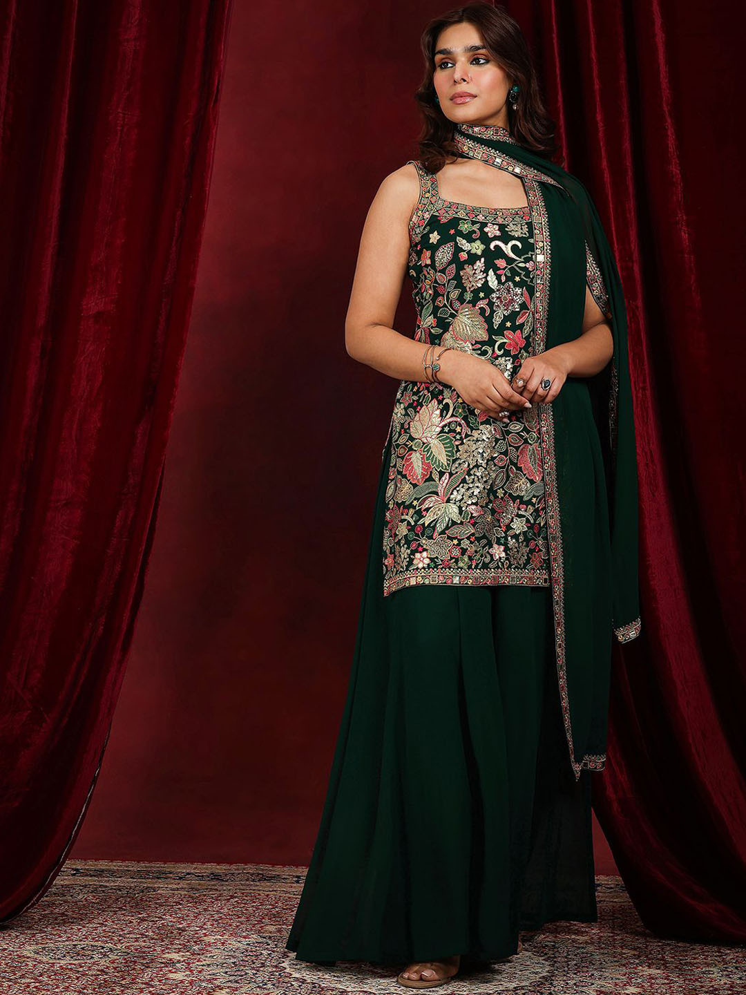 

Libas Art Floral Embroidered Sequinned Georgette Straight Kurti With Skirt & Dupatta, Green