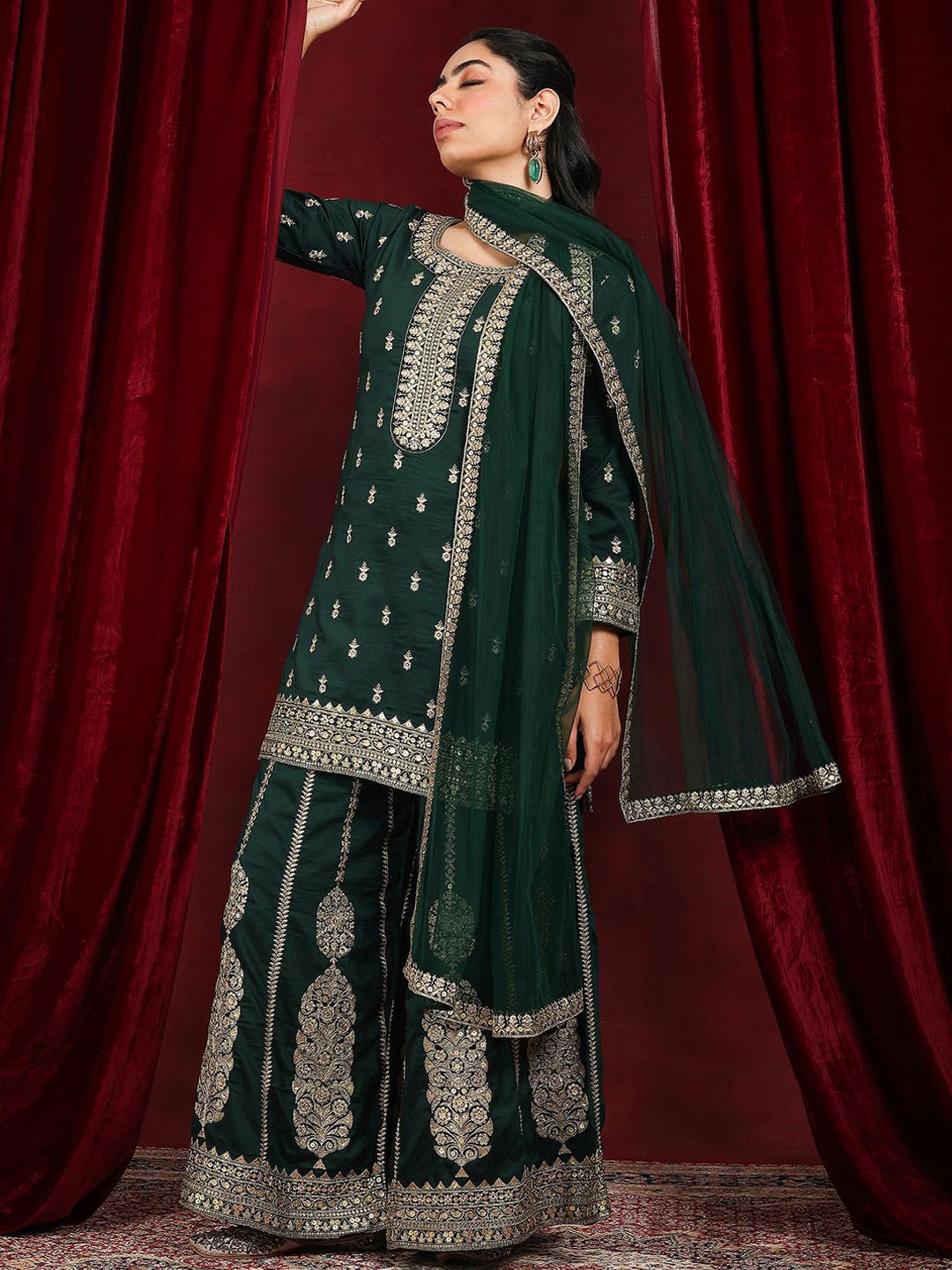 

Libas Art Sequinnce Embellished Round Neck Kurta Straight Kurta With Palazzos & Dupatta, Green