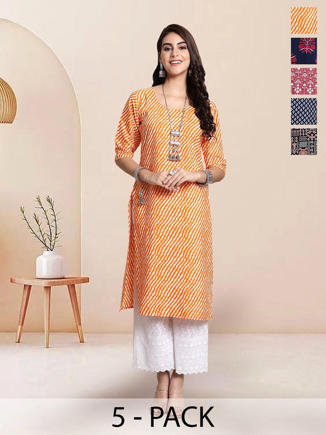 

7Threads Selection Of 5 Leheriya Printed Round Neck Kurtas, Orange