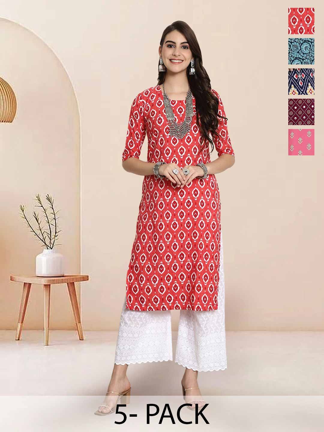 

7Threads Selection Of 5 Ethnic Motifs Printed Round Neck Kurtas, Peach