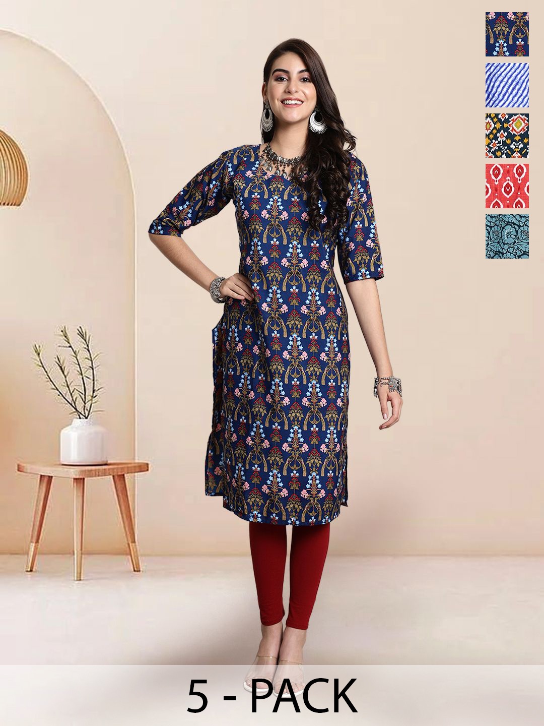 

7Threads Selection Of 5 Ethnic Motifs Printed Straight Kurtas, Navy blue