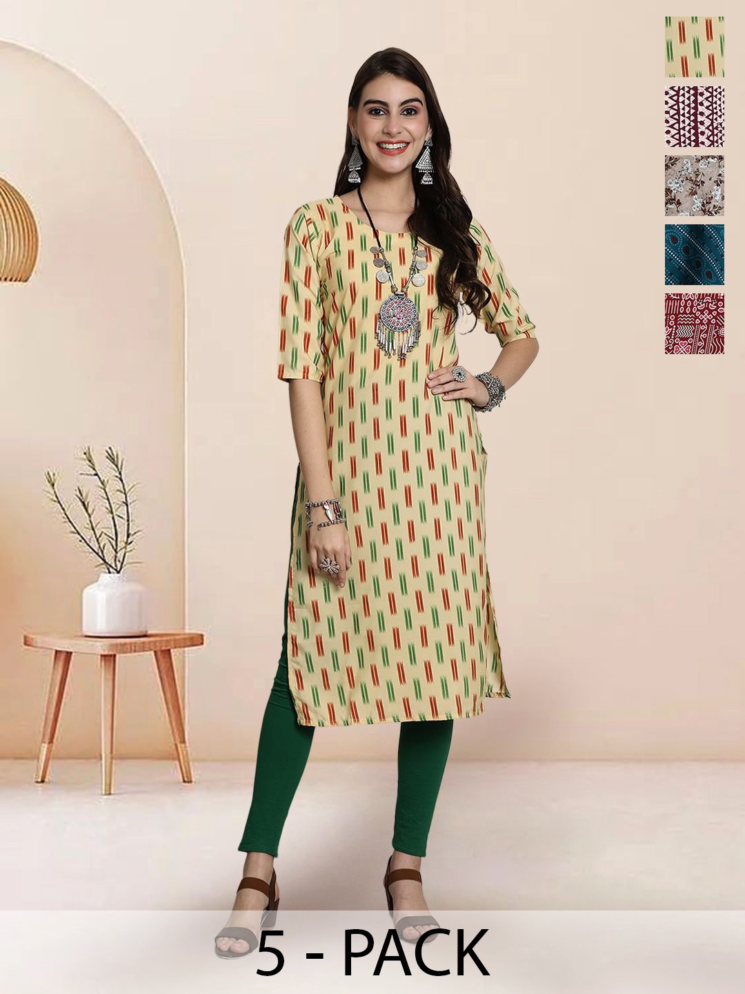

7Threads Selection of 5 Geometric Printed Round Neck Straight Kurtas, Yellow