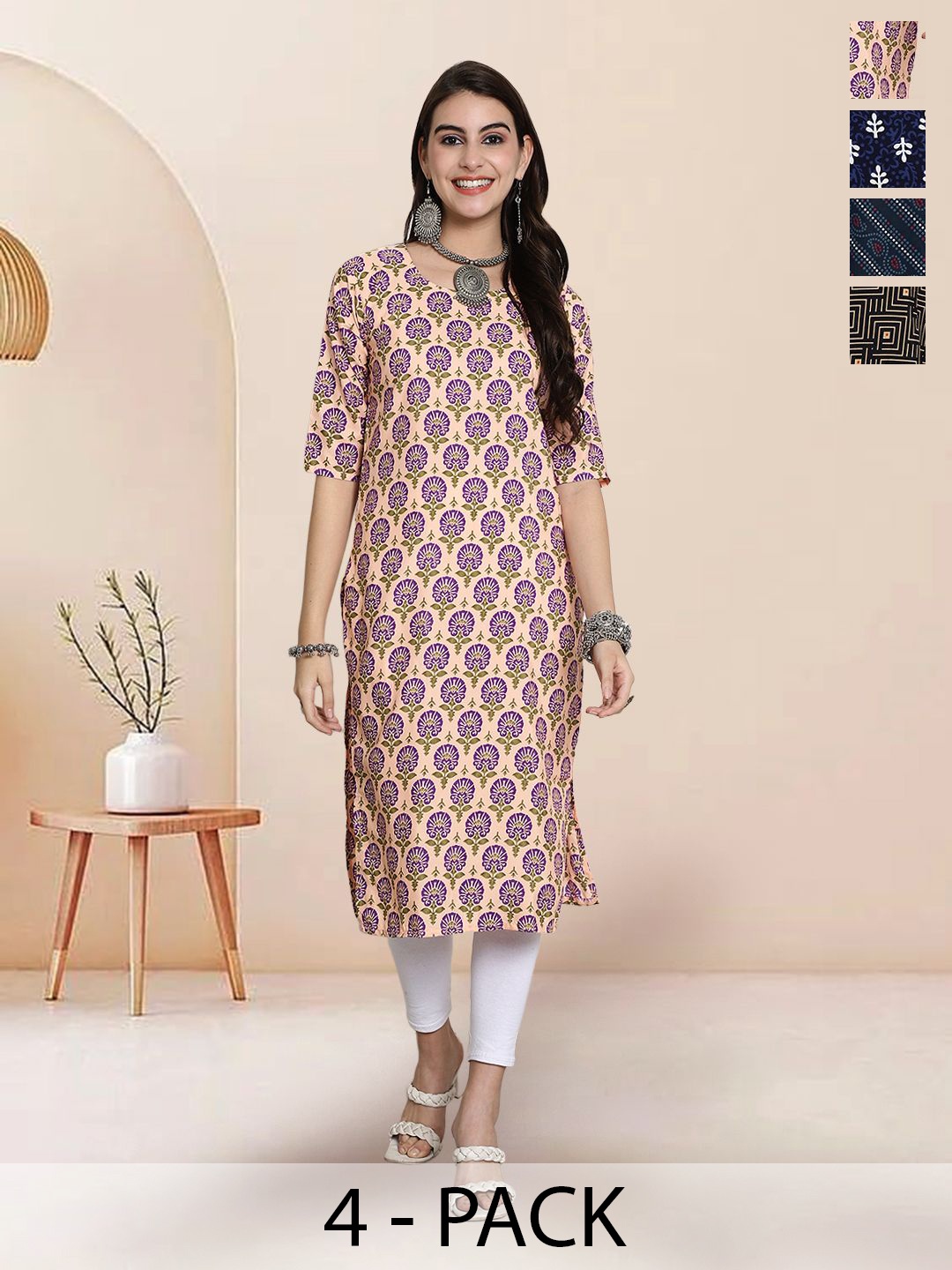 

7Threads Selection Of 4 Floral Printed Round Neck Straight Kurtas, Beige