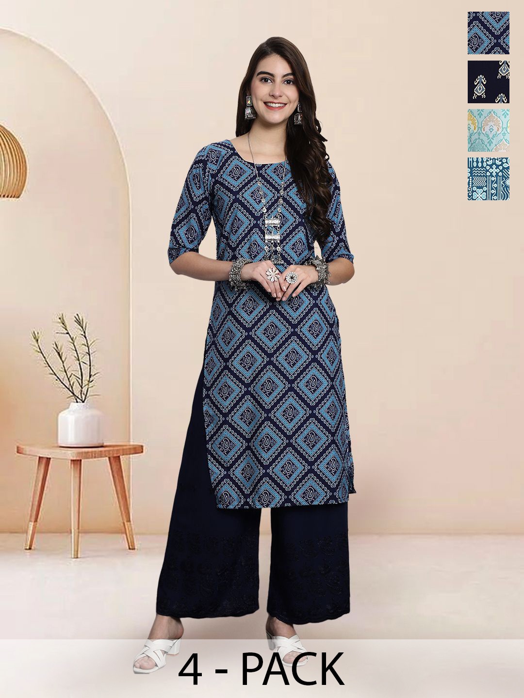 

7Threads Selection of 4 Ethnic Motifs Printed Round Neck Straight Kurtas, Navy blue