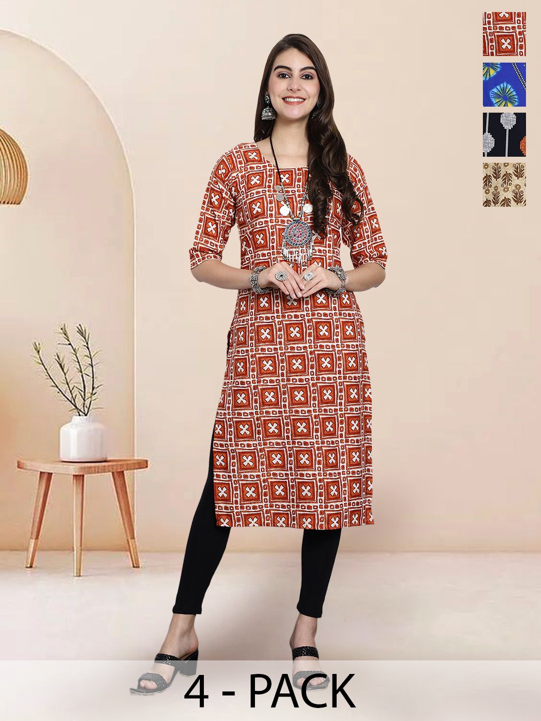 

7Threads Selection Of 4 Ethnic Motifs Printed Round Neck Straight Kurtas, Coffee brown