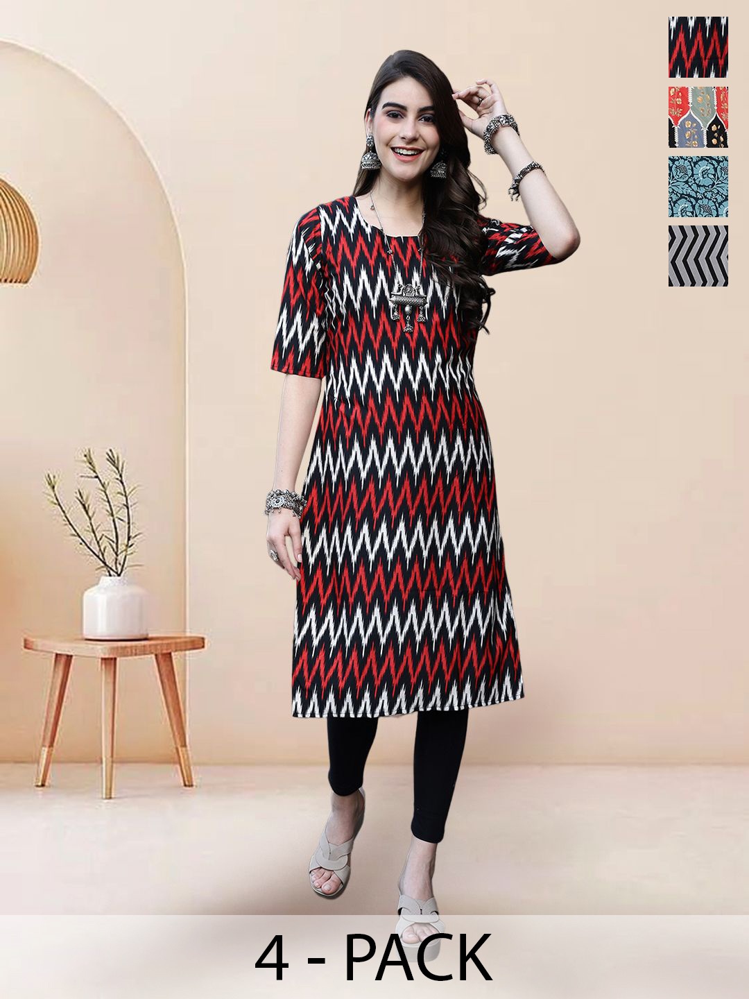 

7Threads Selection Of 4 Chevron Printed Round Neck Straight Kurtas, Black
