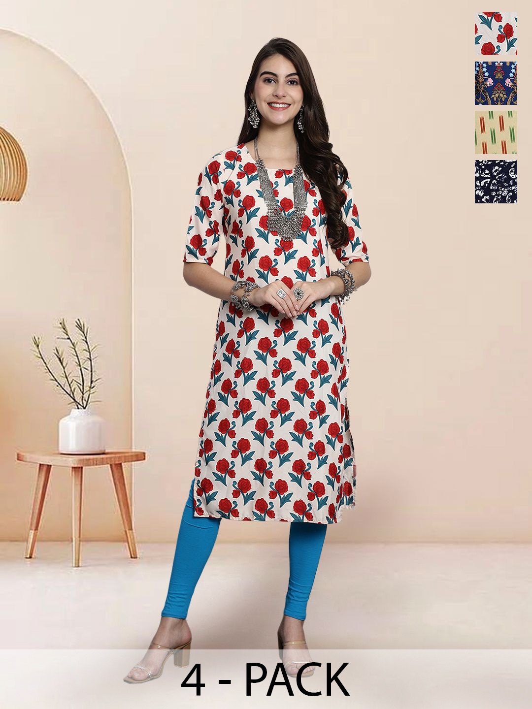 

7Threads Selection Of 4 Floral Printed Round Neck Kurtas, Red