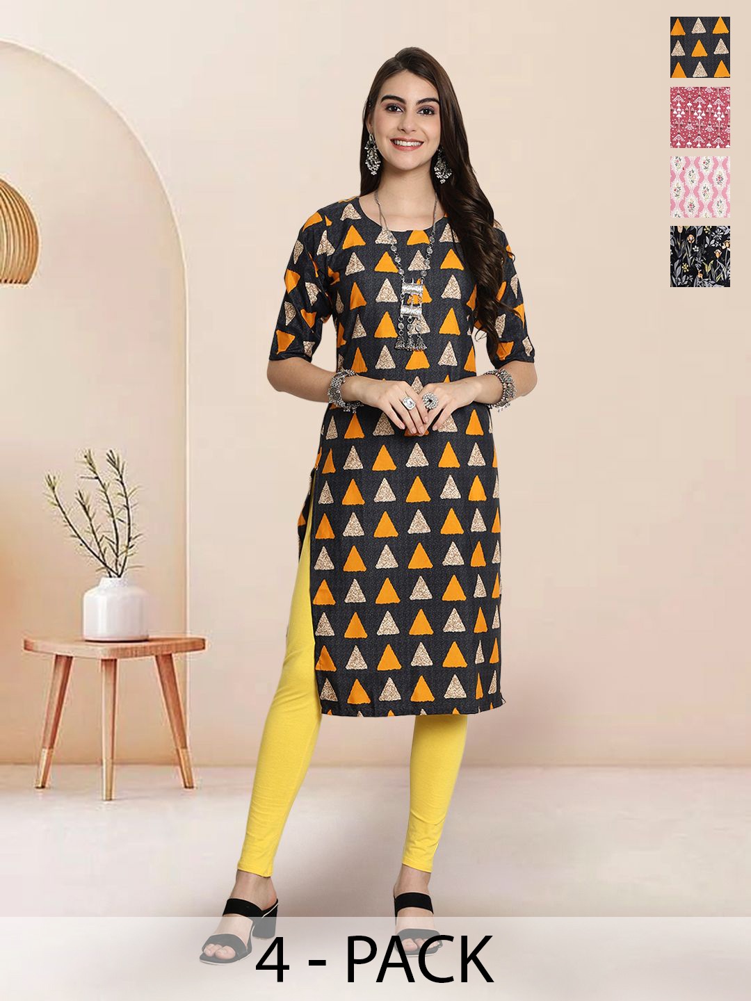 

7Threads Selection Of 4 Geometric Printed Round Neck Straight Kurtas, Black