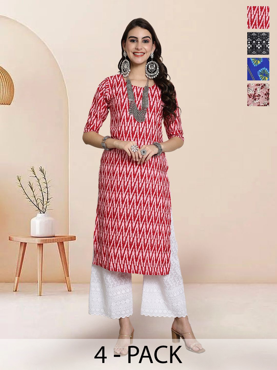 

7Threads Selection Of 4 Chervon Printed Round Neck Straight Kurtas, Red
