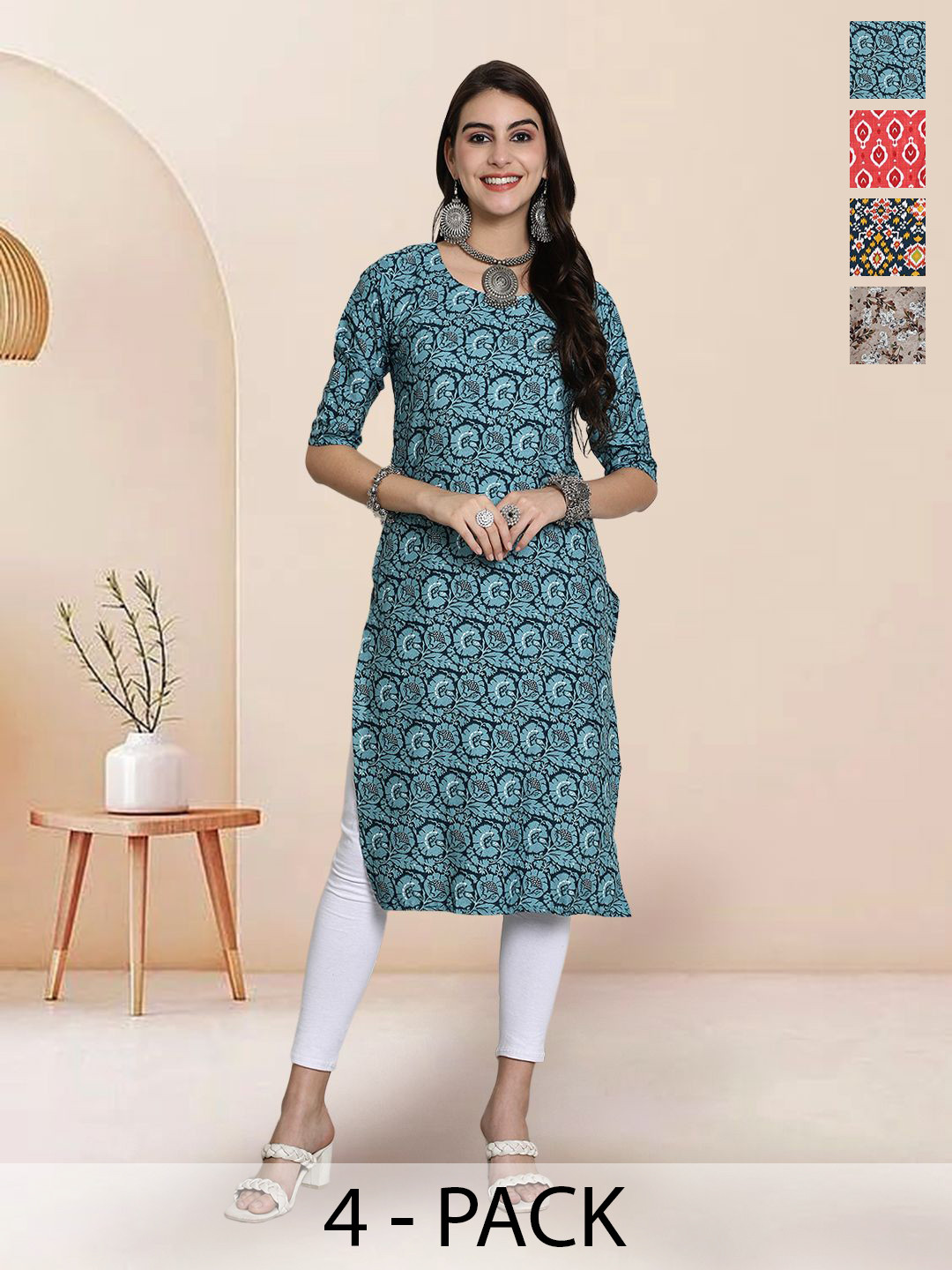 

7Threads Selection Of 4 Floral Printed Straight Kurtas, Black